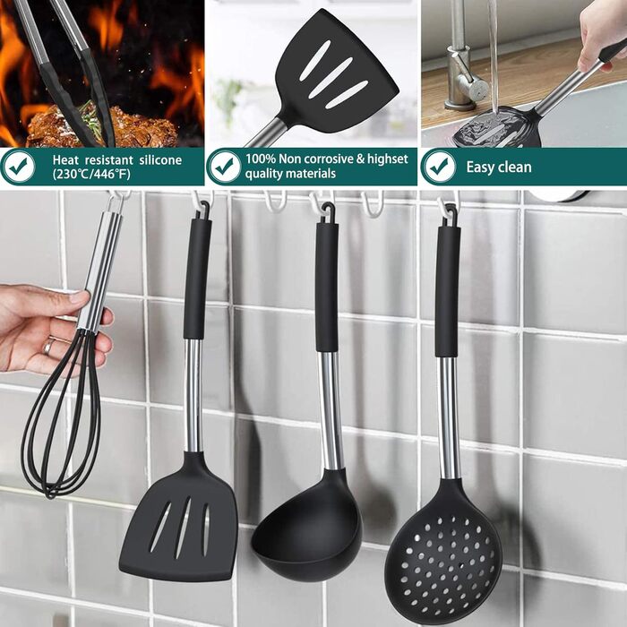 Набір кухонного приладдя Umite Chef, 15 предметів, силікон, жаростійкий, антипригарний, BPA Free, з нержавіючою ручкою: лопатки, ложки, щипці, віничок, кухонне приладдя
