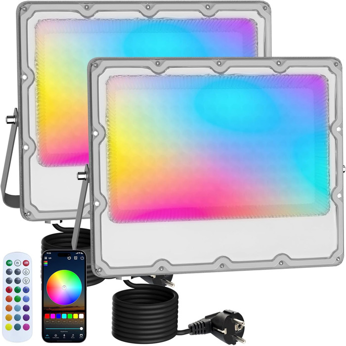 Комплект з 2 RGB LED прожекторів 30Вт для вулиці, 16 млн кольорів, Bluetooth APP, 2.4G пульт, IP66, димування, для саду, Хелловіну, Різдва, вечірок (100Вт, 2 шт.)