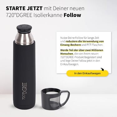 Термос 720°DGREE Follow 1 л з чашкою, нержавіюча сталь, герметичний, BPA-free, зберігає тепло 12 годин, холод 24 години, для кави, чаю, роботи, школи, подорожей