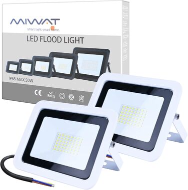 MIWATT LED прожектор для вулиці, 2 шт, 50 Вт, 4000 Лм, холодне біле світло 6000K, IP68 водонепроникний, для двору, гаража, саду