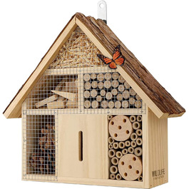 Інсектний готель WILDLIFE FRIEND з корою, 28x29,5x9 см – бджолиний будиночок з бамбуковими трубочками, нішами для комах і метеликів, для саду та балкону, малий, водостійкий