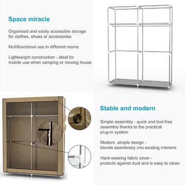 Тканинна шафа INTIRILIFE 108x170x45 см, кремово-бежева, з металевим каркасом, рейкою для одягу, кишенями та полицями, з блискавкою, для зберігання речей