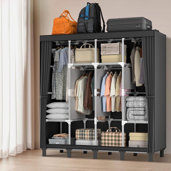 Тканинна шафа LOEFME 170x175x45 см для спальні, чорна, з 2 рейками для вішалок