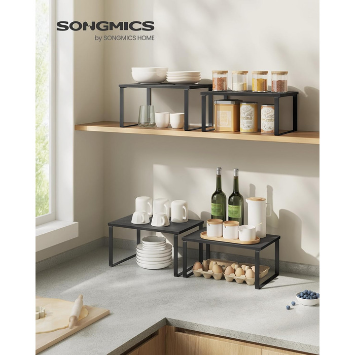 Набір поличок для спецій SONGMICS, 4 шт, розширюваний органайзер для кухні, металевий каркас, стелаж для спецій, штабельований, 19,5 x 29,7 x 15,8 см, чорний/бежевий