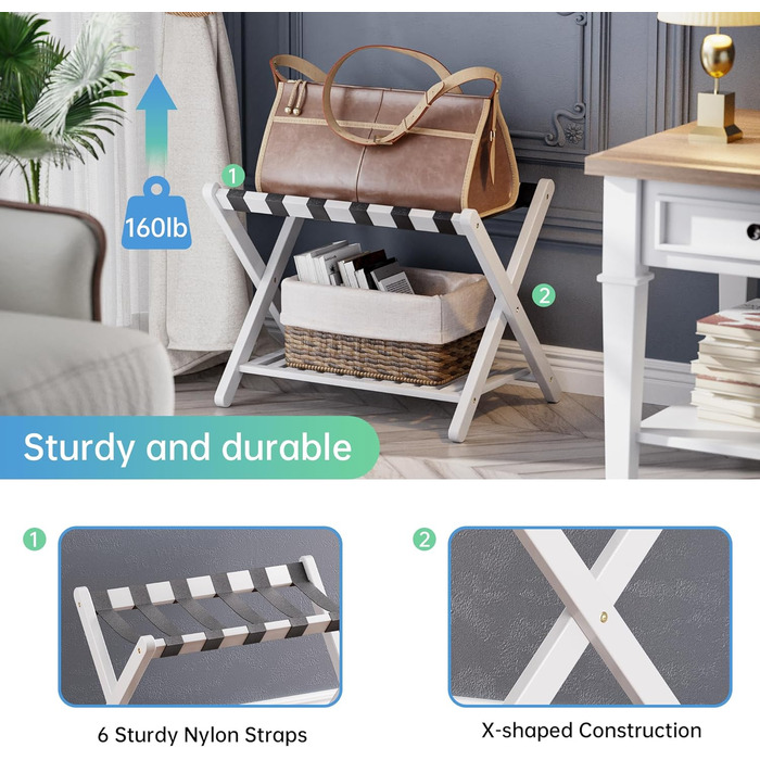 Стійка для валіз SMIBUY з бамбука, складана, з полицями, для готелів, спальні, гостьових кімнат, посилена, біла