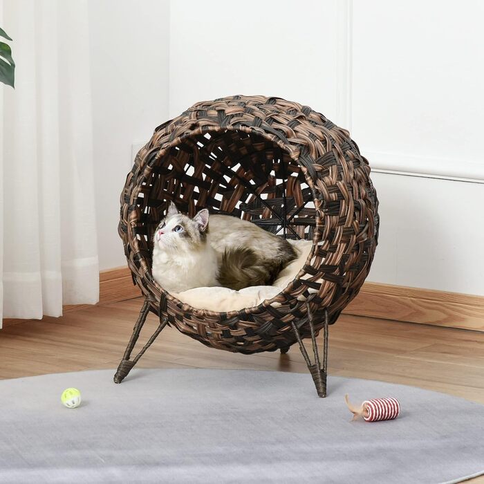 Будиночок для кота PawHut з ротангу з подушкою, котяче ліжко-купол на піднятих ніжках, натуральний, Ø52x58 см, коричневий