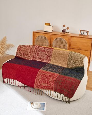 Покривало AIVIA Boho для дивана і ліжка, велике, азтецький гіпі стиль, червоний/зелений/жовтий, 221x262 см, захисний чохол на меблі, декоративна накидка