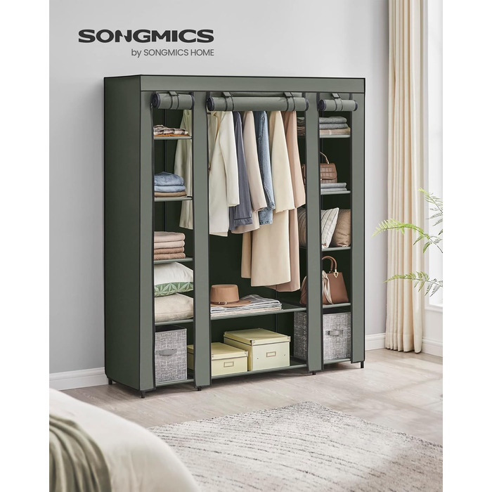 SONGMICS текстильна шафа для одягу з полицями і вішаком, салатовий, 150x45x175 см, для спальні та гардеробної