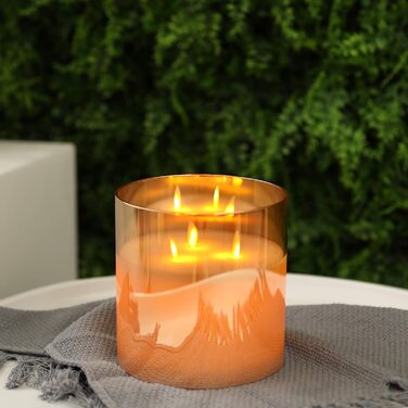 Свічка JHY DESIGN з 3 гнотами, фламінесцентна LED, справжній віск, з таймером 6 годин, 3D-ефект, на батарейках у склі, золота, для Різдва, вітальні, весілля (маленька)