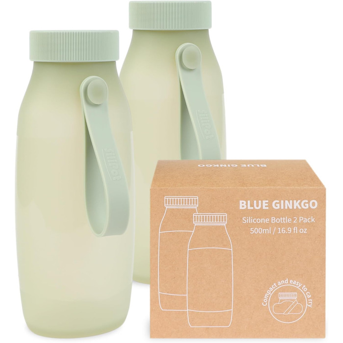Складані силіконові пляшки для води BLUE GINKGO, 500 мл, 2 шт, для подорожей, туризму, кемпінгу, легкі, вироблені в Кореї, оливковий/бежевий колір
