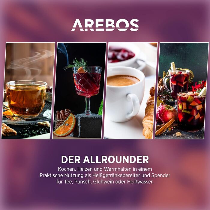 Електричний диспенсер для глінтвейну Arebos 8,8 л, 950 Вт, чорний, з піддоном, краном, термостатом і захистом від перегріву, температурний діапазон 30-110°C