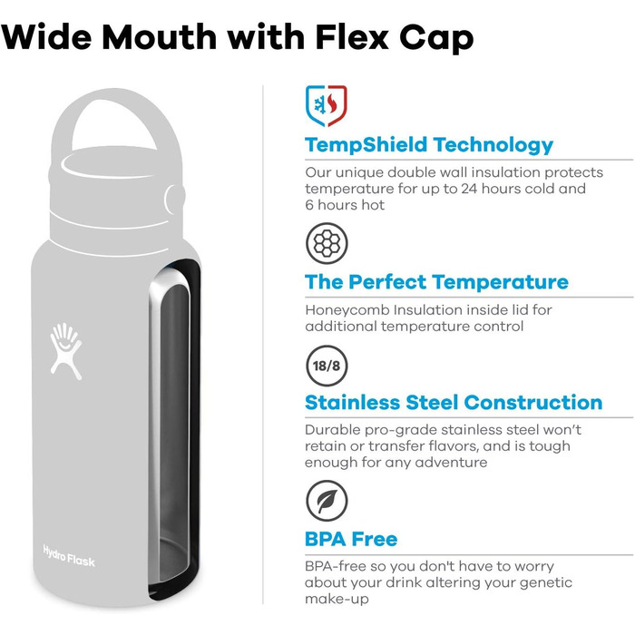 Термос-гідрофляга HYDRO FLASK 1180 мл із нержавіючої сталі, ізольована спортивна пляшка для води з герметичною кришкою та ремінцем, підходить для посудомийної машини, колір Fog