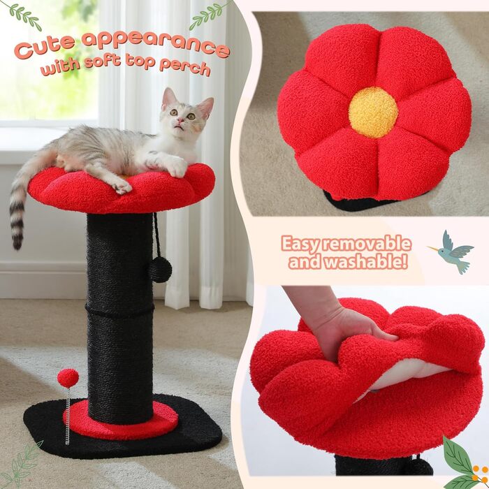 Котячий комплекс-дерево Flower для кімнатних котів, чорний, з товстим стовпом 14 см, знімним квітковим лежаком і іграшкою-пір'їнкою