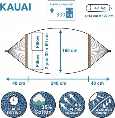 yourGEAR Kauai XXL гамак із 2 подушками, 240x160 см, бавовна, для 2 осіб, до 300 кг, TÜV, з кріпленням, аква-синій