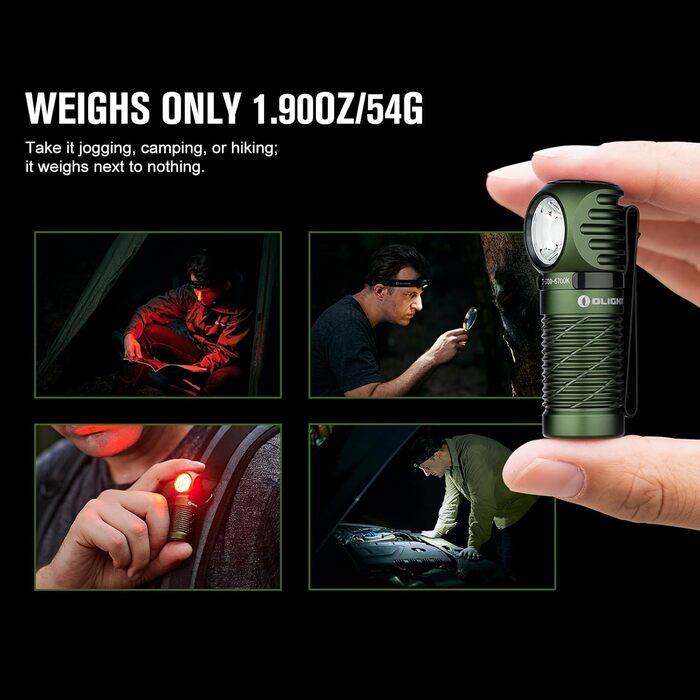 Ліхтарик-налобник OLIGHT Perun 2 Mini LED 1100 люмен, USB, водонепроникний, 5 режимів, з червоним світлом, для кемпінгу та екстрених ситуацій, зелений, холодне біле світло