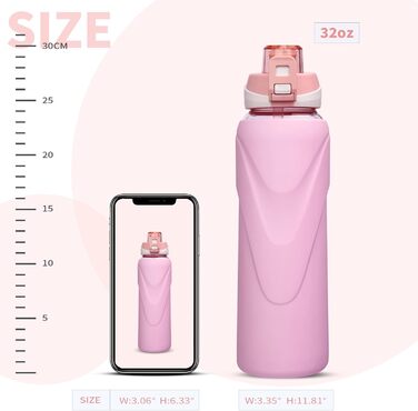 Скляна пляшка для води 1 л з трубочкою, боросилікат, BPA Free, силіконова оболонка, пастельно-рожева