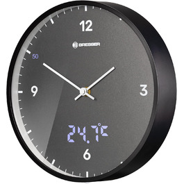 Стінастий годинник Bresser MyTime, 24 см, радіокерований, безшумний, з LED секундною індикацією, вимірюванням температури, сірий