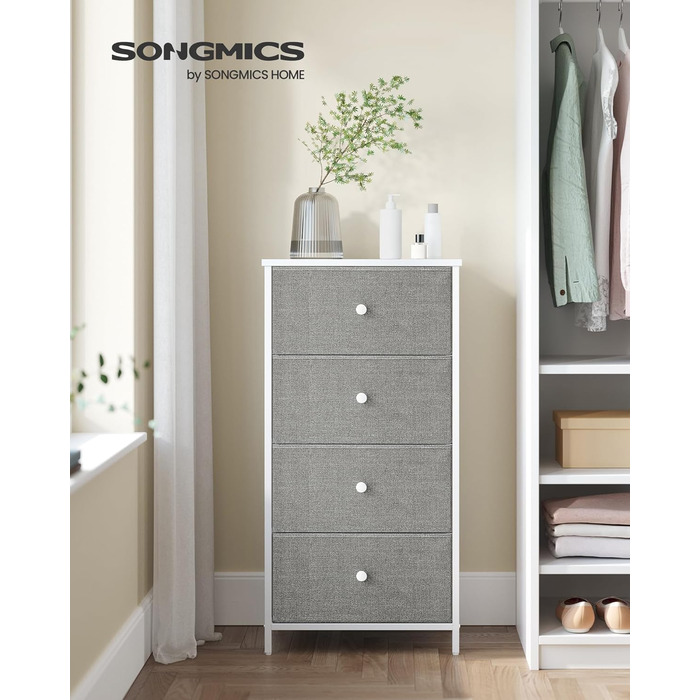 Комод SONGMICS з 4 тканинними шухлядами, металевий каркас, вузький та високий, білий-дубовий, 30x45x91,7 см