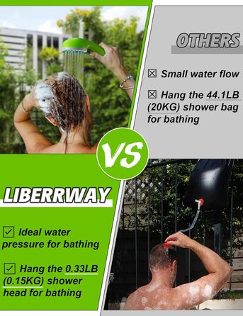Портативний душ LIBERRWAY з акумулятором для кемпінгу, саду, подорожей, авто, зелений, з душовим шлангом та заряджуваною водяною помпою