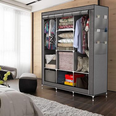 Складана текстильна шафа INTIRILIFE 130x175x45 см, сірий, з блискавкою, полицями, штангою та кишенею — шафа для одягу для дому й кемпінгу