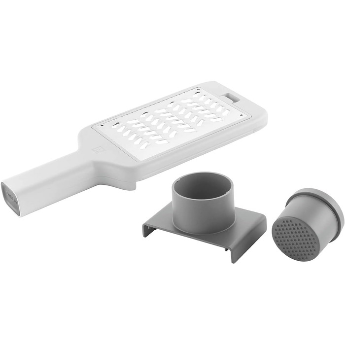 Терка кухонна ZWILLING Z-Cut, багатофункціональна, нержавіюча сталь, 4 змінні насадки, двостороннє натирання, з лотком, сіра