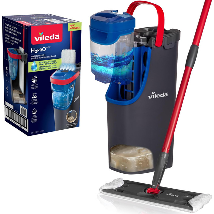 Швабра Vileda H2PrO з мікрофібри, розділення чистої та брудної води, водозберігаюча, ергономічна ручка, компактне зберігання, екологічна упаковка