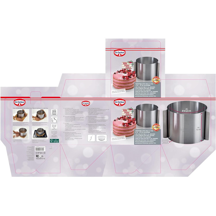 Регульоване кондитерське кільце Dr. Oetker 16-30 см з високою лопаткою для тортів, набір для декорування, сріблясто-білий