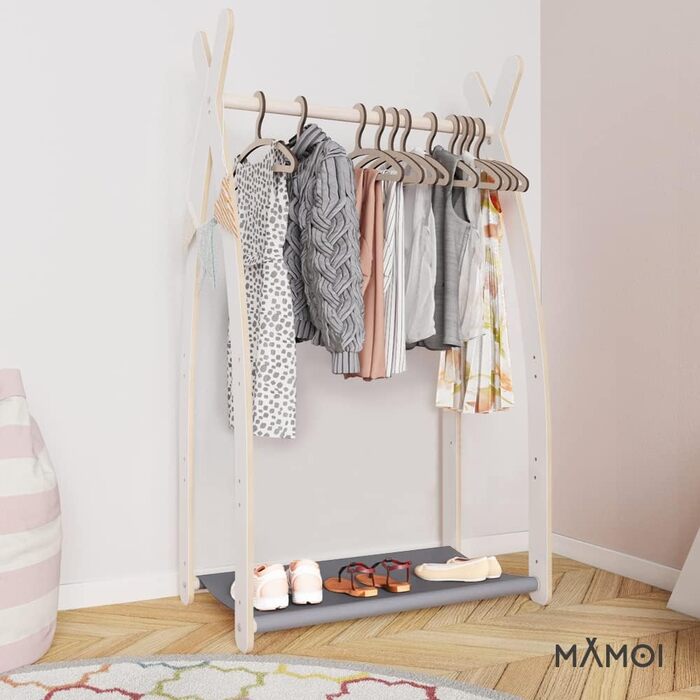 Дитяча вішалка для одягу MAMOI 100% ECO, дерев'яна, для дитячої кімнати, 106x95x32 см / 53x95x32 см, біло-сіра, з полицею, виготовлено в ЄС