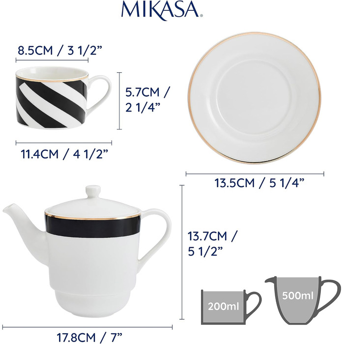 Порцеляновий чайний сервіз Mikasa Luxe Deco для однієї особи, з чайником, чашкою та блюдцем, компактний, підходить для посудомийної машини