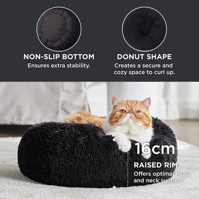 Ліжко для котів і собак BEDSURE, м'яке плюшеве кругле місце для сну, чорне, 50x50x16 см, пране, затишне лежанка для домашніх тварин