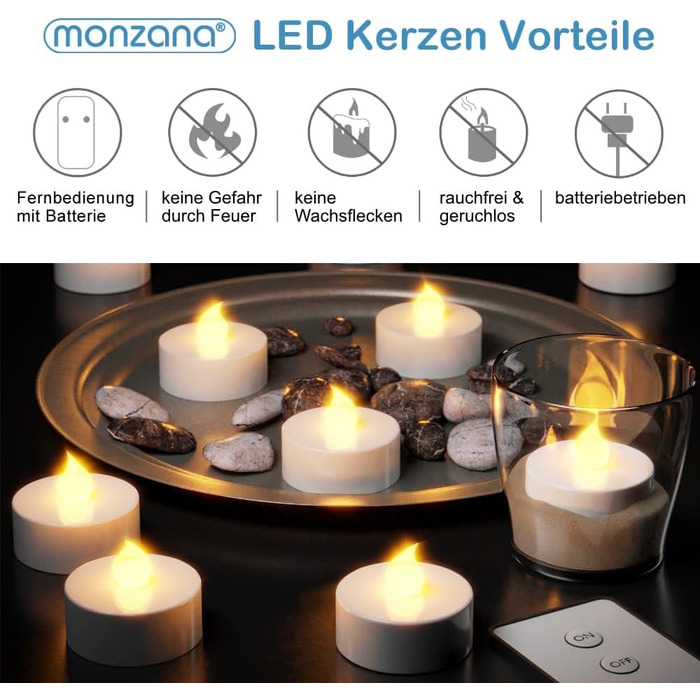 LED свічки Monzana, 30 шт., електричні, з пультом, 3,7 см, тепле біле світло, реалістичне мерехтіння, батарейки в комплекті, фламелесні, тривалий час роботи