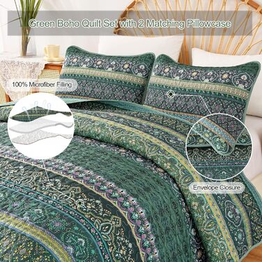 Покривало WONGS BEDDING 220x240 см, стьобане, комплект 3 шт. для двоспального ліжка, мікрофібра, у стилі бохо, темно-зелене, з 2 наволочками 50x70 см, для спальні чи дивану
