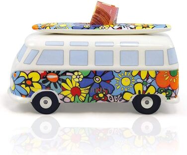 Скарбничка BRISA VW у формі свині з серфбордом, дизайн автобуса Volkswagen T1 Samba, Flower Power, кольорова