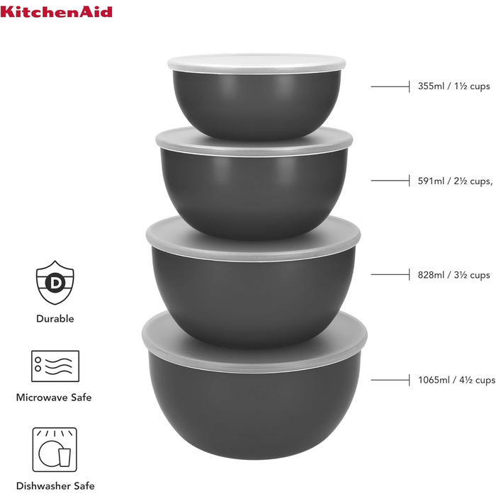 Набір кухонних мисок KitchenAid, 3 шт, вугільно-сірі, зручно складаються одна в одну, для приготування їжі
