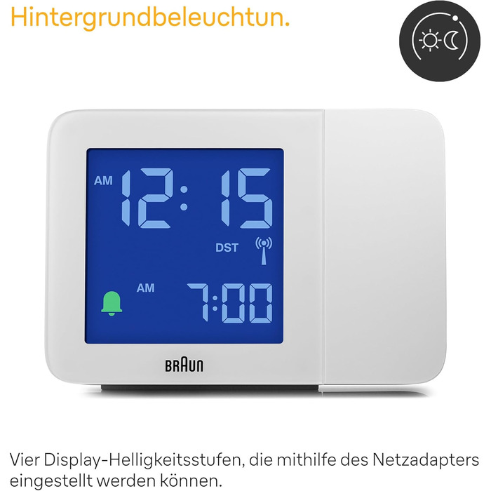 Проекційний радіо-годинник Braun BC15W-DCF з негативним LCD-дисплеєм, DCF, швидке налаштування та звуковий будильник, білий