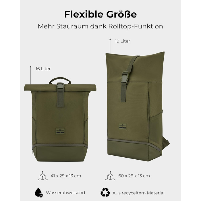 Рюкзак Johnny Urban Allen Medium 15 л для жінок і чоловіків, роллтоп, водовідштовхувальний, з відділенням для ноутбука, для університету, велосипеда, бізнесу, оливковий, екологічний
