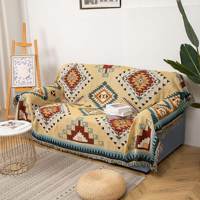 Плед Boho для дивана 130×180 см, в'язаний плед з китицями, декоративний накидка для ліжка, дивана та крісла
