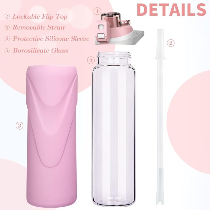 Скляна пляшка для води 1 л з трубочкою, боросилікат, BPA Free, силіконова оболонка, пастельно-рожева