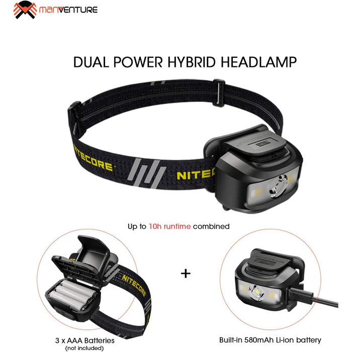 Ліхтарик налобний Nitecore NU35, LED, 460 люмен, акумуляторний, гібридне живлення, водонепроникний IP66, з червоним світлом