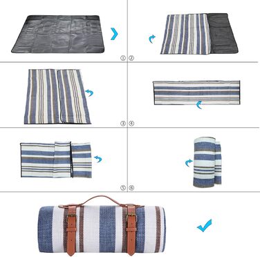 Пікнік килимок LIYUABU 150x200 см, водонепроникний, великий пляжний килимок у синю смужку, ізоляційний, портативний, з ручкою для перенесення, для пікніка, кемпінгу, пляжу, парку