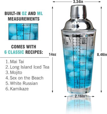 EVERYDAY COCKTAIL професійний скляний шейкер для коктейлів 400 мл, мартіні, з рецептами, прозорий барний шейкер з мірною шкалою та вбудованим ситом