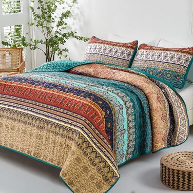 Покривало WONGS BEDDING Boho 220x240 см, стьобане, мікрофібра, комплект 3 в 1 (2 наволочки 50x70), для двоспального ліжка та дивана, бежево-зелене, для спальні
