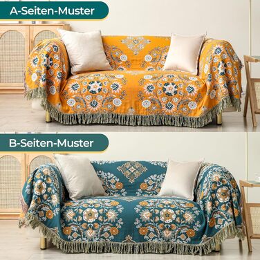 Покривало HOORDRY Boho для ліжка та дивана, бавовняна двостороння ковдра 150×200 см з китицями, жовто-зелене, для спальні та вітальні