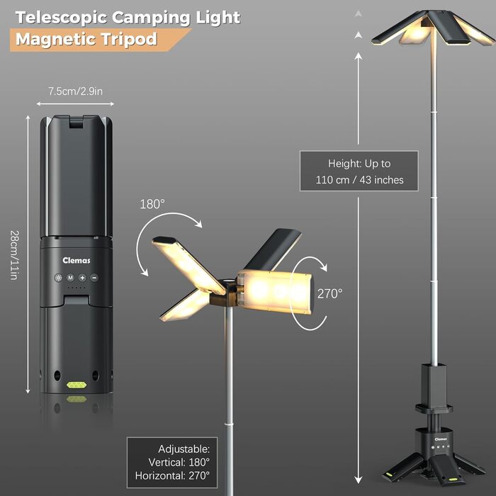 Кемпінговий телескопічний LED ліхтар Clemas 14000 мА·г, магнітний, багатоцільовий, акумуляторний, бездротовий, диміруємий, для будівництва, намету, 6000 Лм, IPX5, водонепроникний