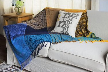 Плед ELEOPTION з мікрофібри Chenille, жакардовий з китицями, декоративний покривало для ліжка, дивану, крісла, народний етно орнамент, синій, 220x250 см