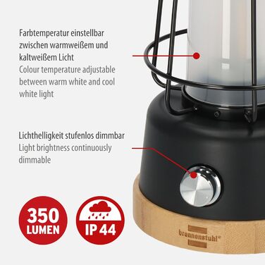LED акумуляторний кемпінговий ліхтар Brennenstuhl CAL 1, 350 лм, IP44, до 75 годин роботи, регулювання яскравості і кольору, USB зарядка, з мотузкою з коноплі та основою з бамбука