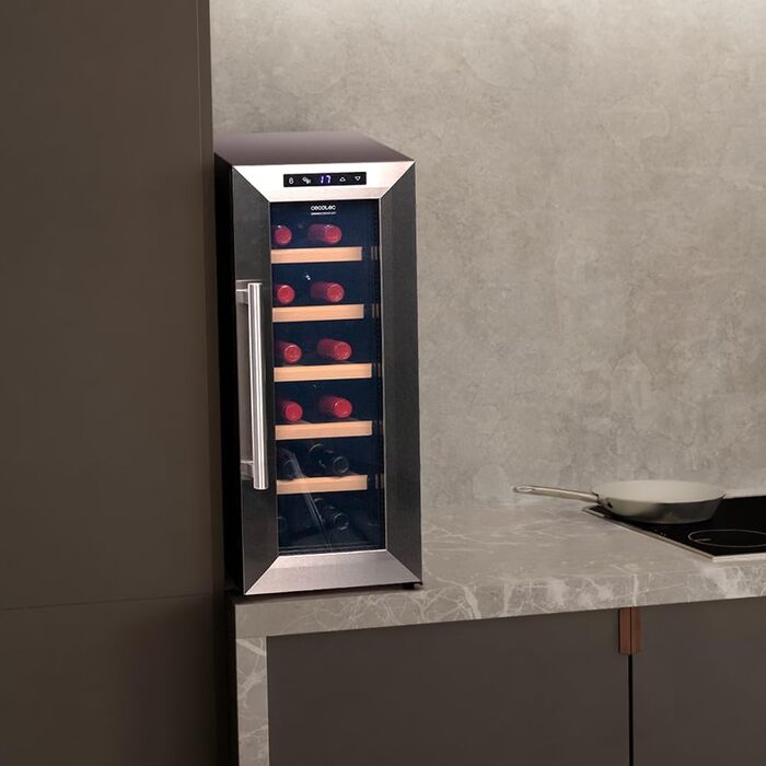 Винний шафа Cecotec Bolero GrandSommelier 830 CoolWood, термоелектрична, тиха, енергоефективна, для 12 пляшок, з індикаторами, сенсорним керуванням, нержавіюча сталь і дерево, регулювання температури 8-18°C