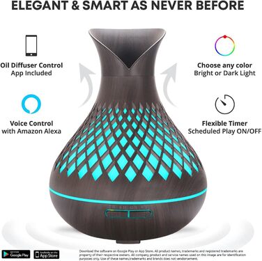 Розумний аромадифузор Alexa з набором ефірних олій, 500 мл, зволожувач повітря з LED-підсвіткою, керування через Alexa/Google Home та додаток, таймер, авто-вимкнення, безшумний