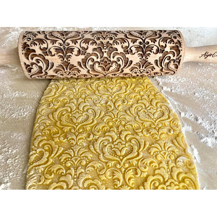 Дерев'яна качалка з гравіюванням «Східна квітка» DAMASK для тіста і печива, ручна робота від Algis Crafts