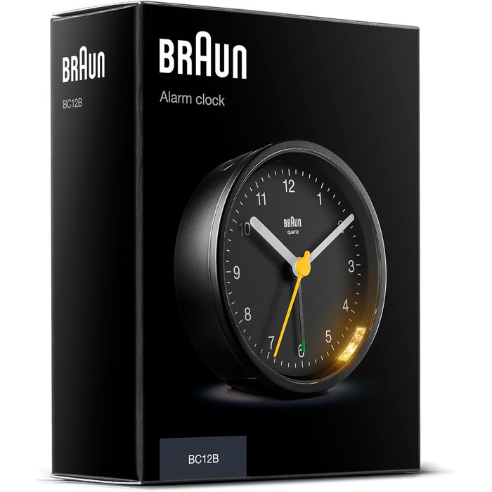 Будильник Braun BC12B, класичний аналоговий, кварцовий механізм, підсвітка, функція повтору, тихий хід, чорний